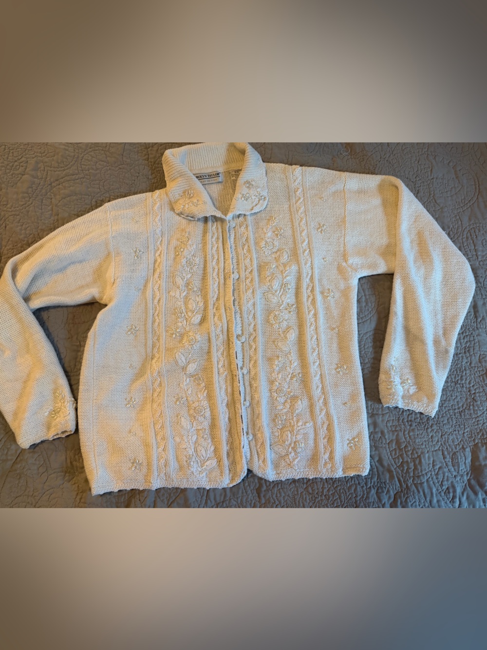 Carolyn Taylor Cream Embroidered and beaded Button-Front Women’s Sweater